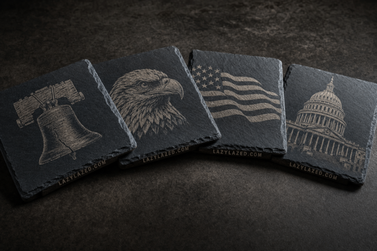 Set of 4 laser engraved slate coasters with America 250th anniversary designs including Liberty Bell, bald eagle, American flag, and US Capitol — custom engraving ships across the lower 48