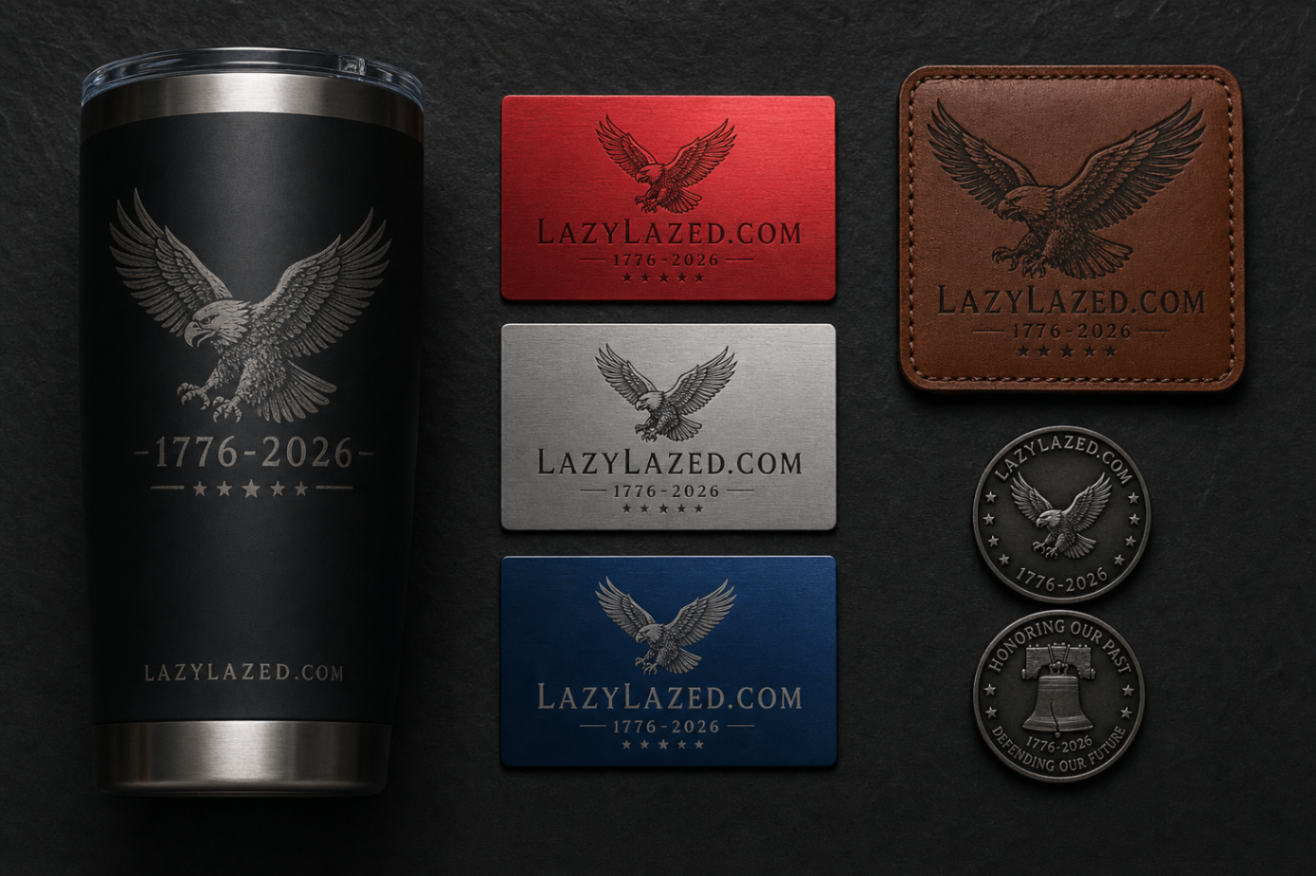 Custom patriotic wholesale gift set featuring laser engraved stainless tumbler, anodized aluminum business cards, leather patch, and challenge coins for America's 250th anniversary