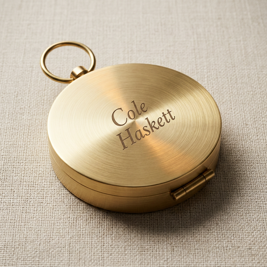 Back of the brass pocket compass laser engraved with a script name 'Bret Crosby'