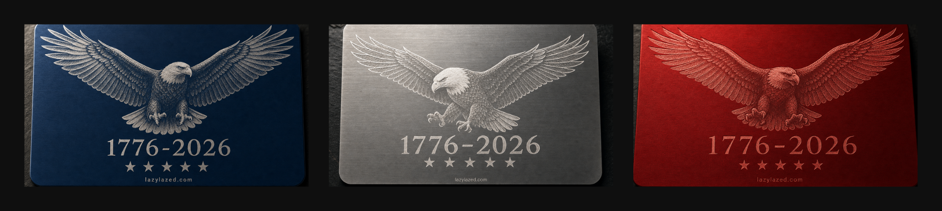 Patriotic anodized aluminum business cards in navy, silver, and red with laser engraved bald eagle and 1776-2026 America 250th anniversary design by LazyLazed