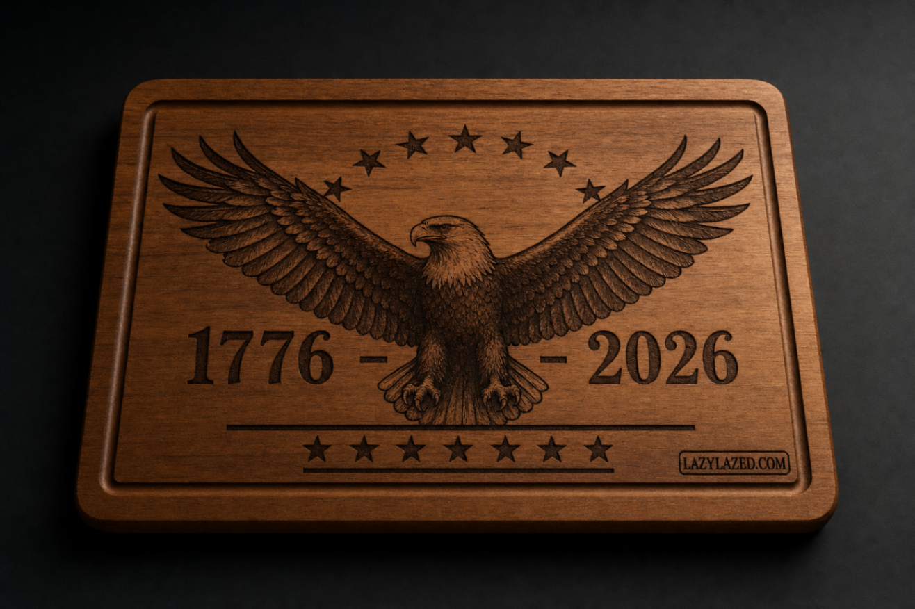Laser engraved walnut cutting board with bald eagle and 1776-2026 America 250th anniversary design, made by LazyLazed custom engraving studio