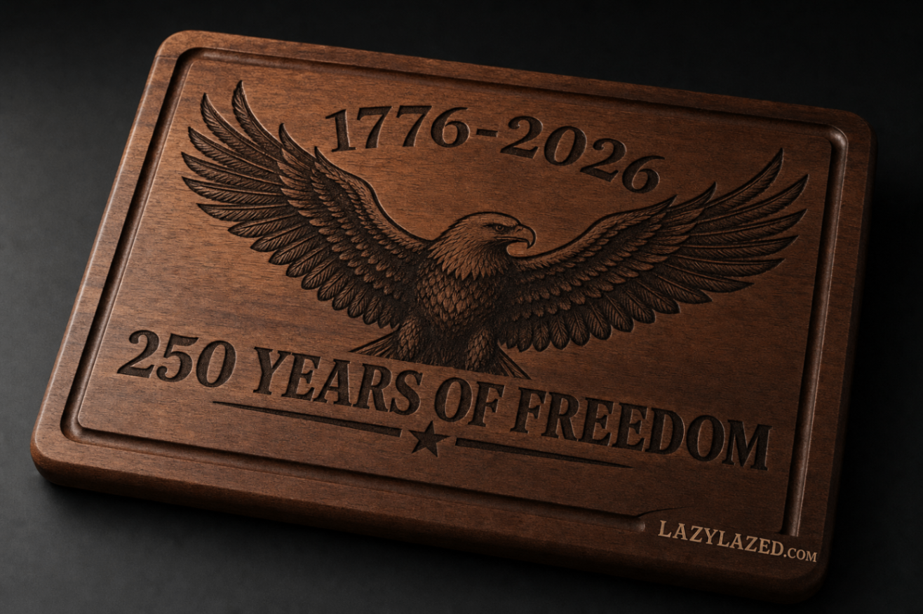 Custom laser engraved hardwood cutting board with eagle and 1776-2026 design for America's 250th anniversary — available wholesale across the USA