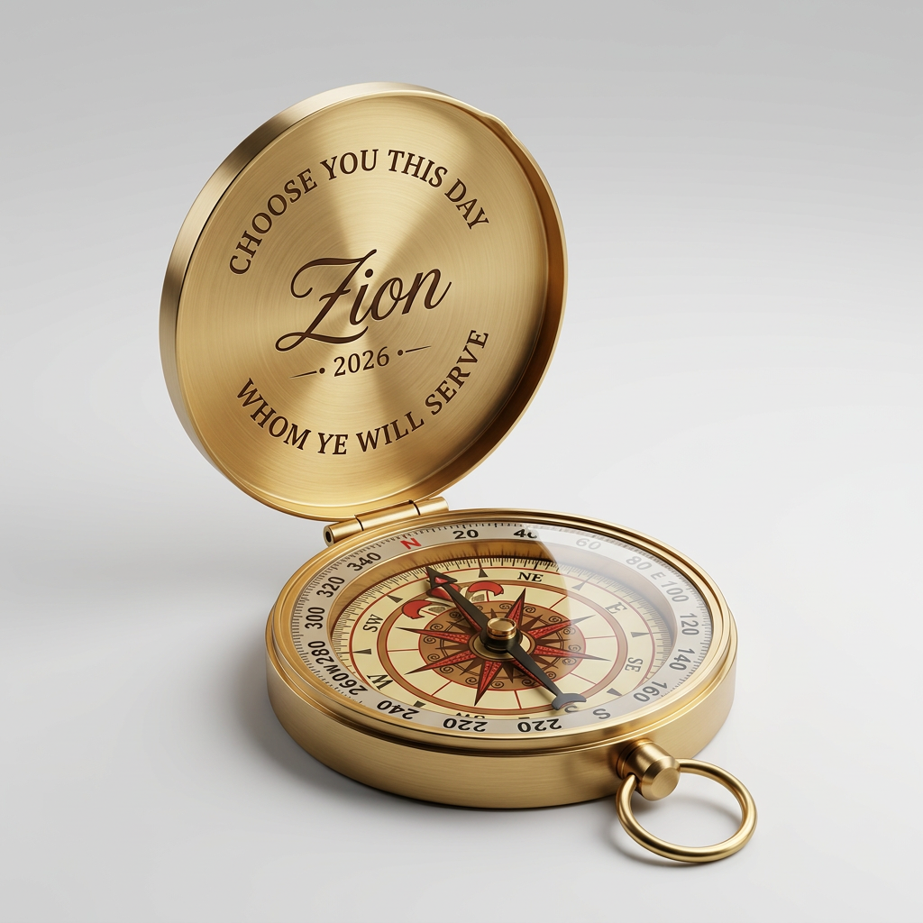 Engraved brass pocket compass keepsake with personalized name, date, and scripture, fiber laser engraved in Phoenix Arizona — missionary, baptism, graduation, and wedding gift