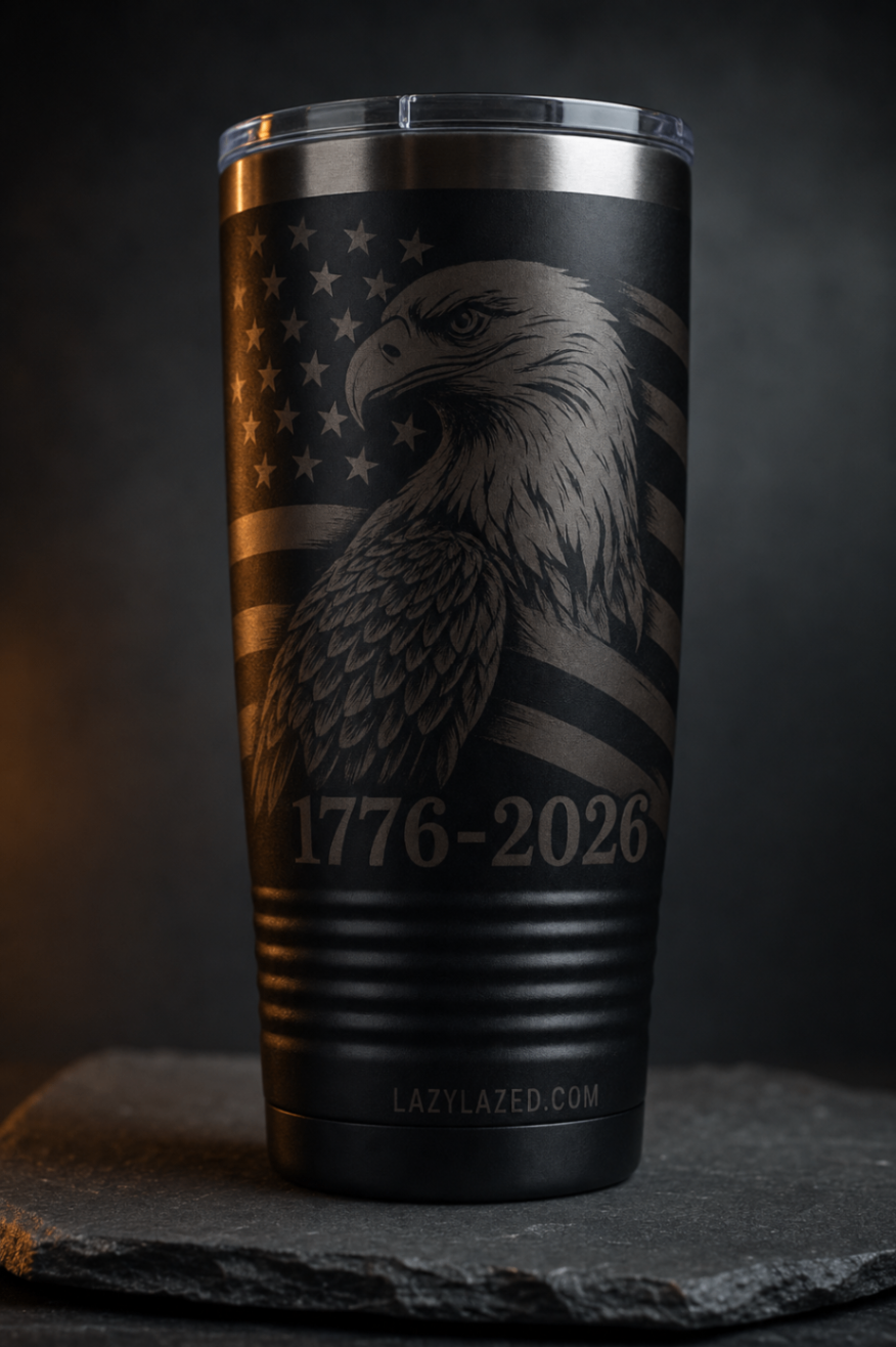 Patriotic laser engraved black stainless steel tumbler with bald eagle and American flag design, 1776-2026, custom fiber laser engraving by LazyLazed