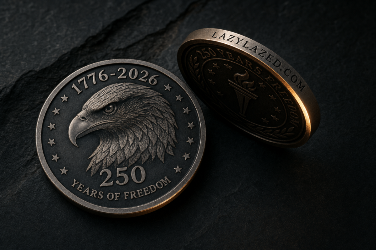 Custom fiber laser engraved commemorative challenge coins with bald eagle and 250 Years of Freedom 1776-2026 design, bulk wholesale pricing available across the USA