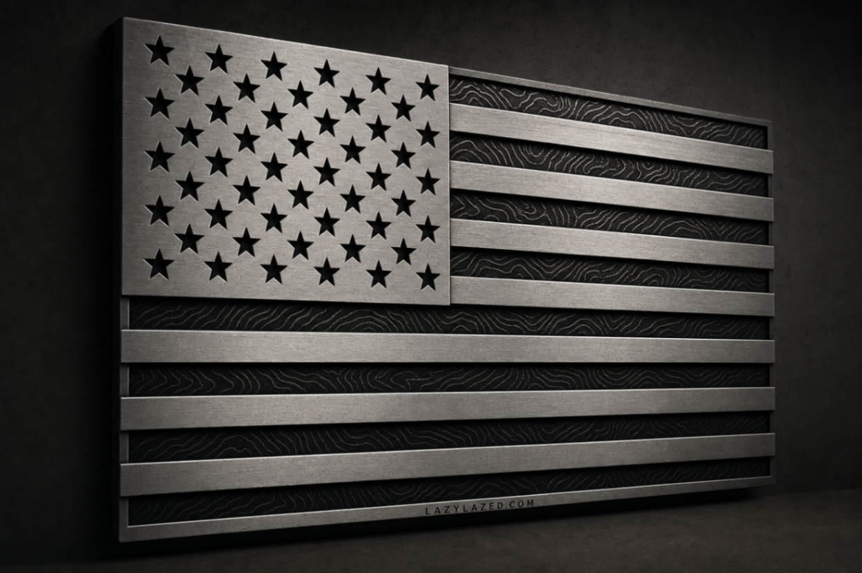 Precision laser cut and engraved aluminum American flag wall art sign, layered metal patriotic decor for America's 250th anniversary, custom wholesale orders welcome