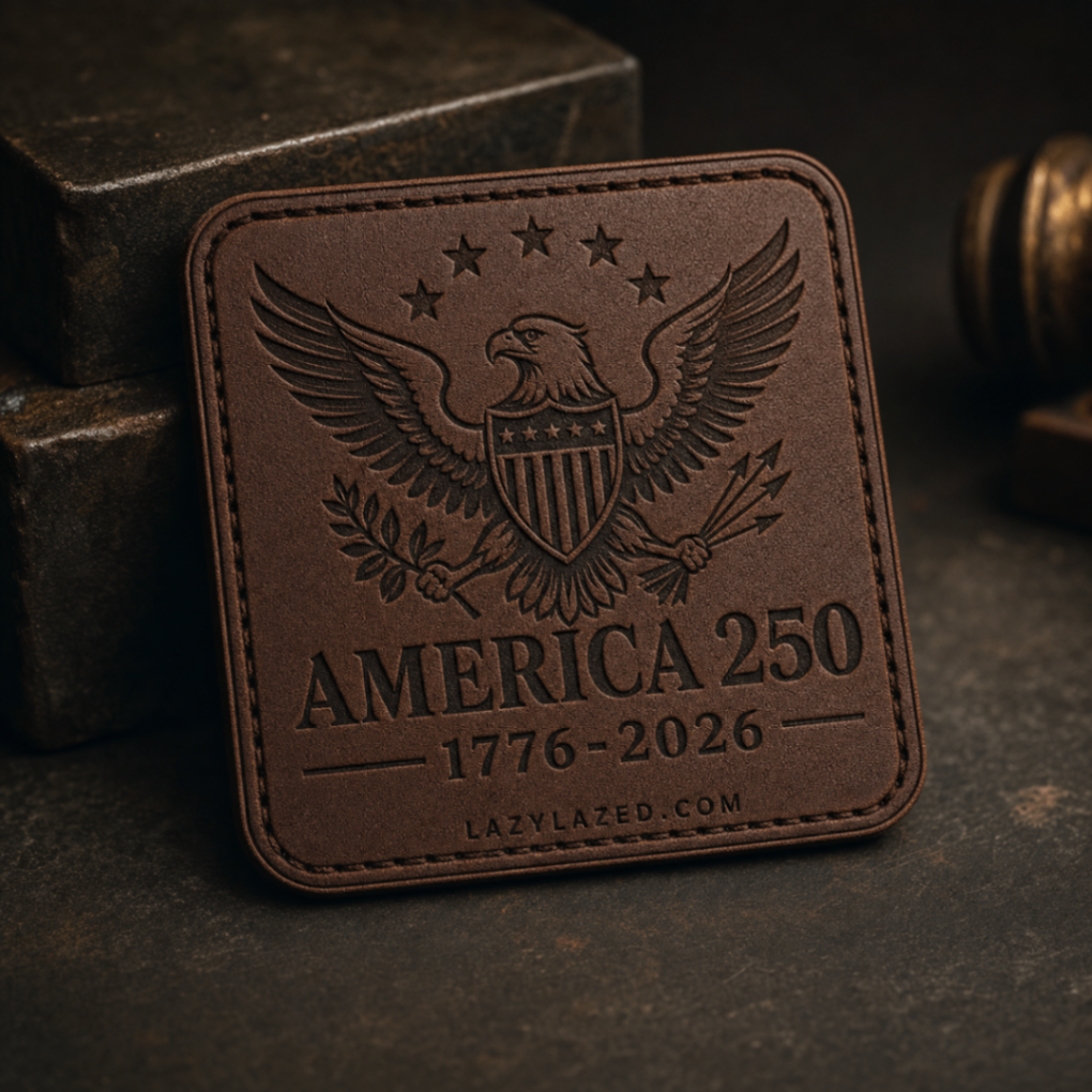 America 250 laser engraved leatherette hat patch with eagle emblem and 1776-2026, wholesale and retail available, ships to all 48 contiguous states