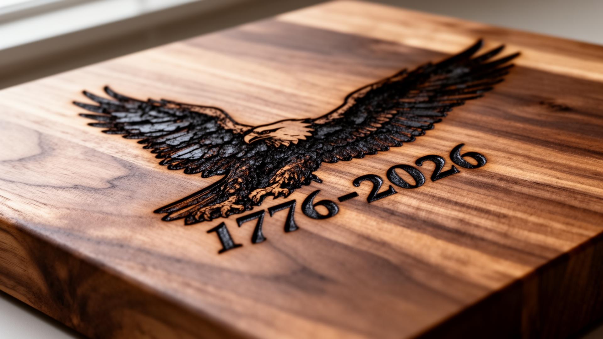 Close-up of a deep CO2 laser burn engraving of an eagle and 1776-2026 in natural walnut grain — no paint, no color fill, just charred wood