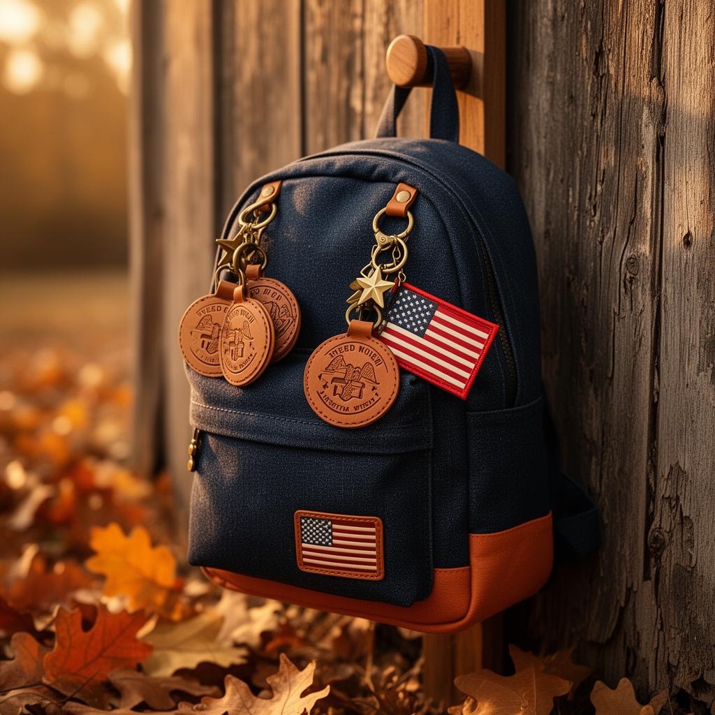 Navy denim kid's backpack hanging on a wooden peg with laser engraved leather patriotic backpack clips, brass star charm, and small American flag patch — autumn leaves and barn wood, back to school season
