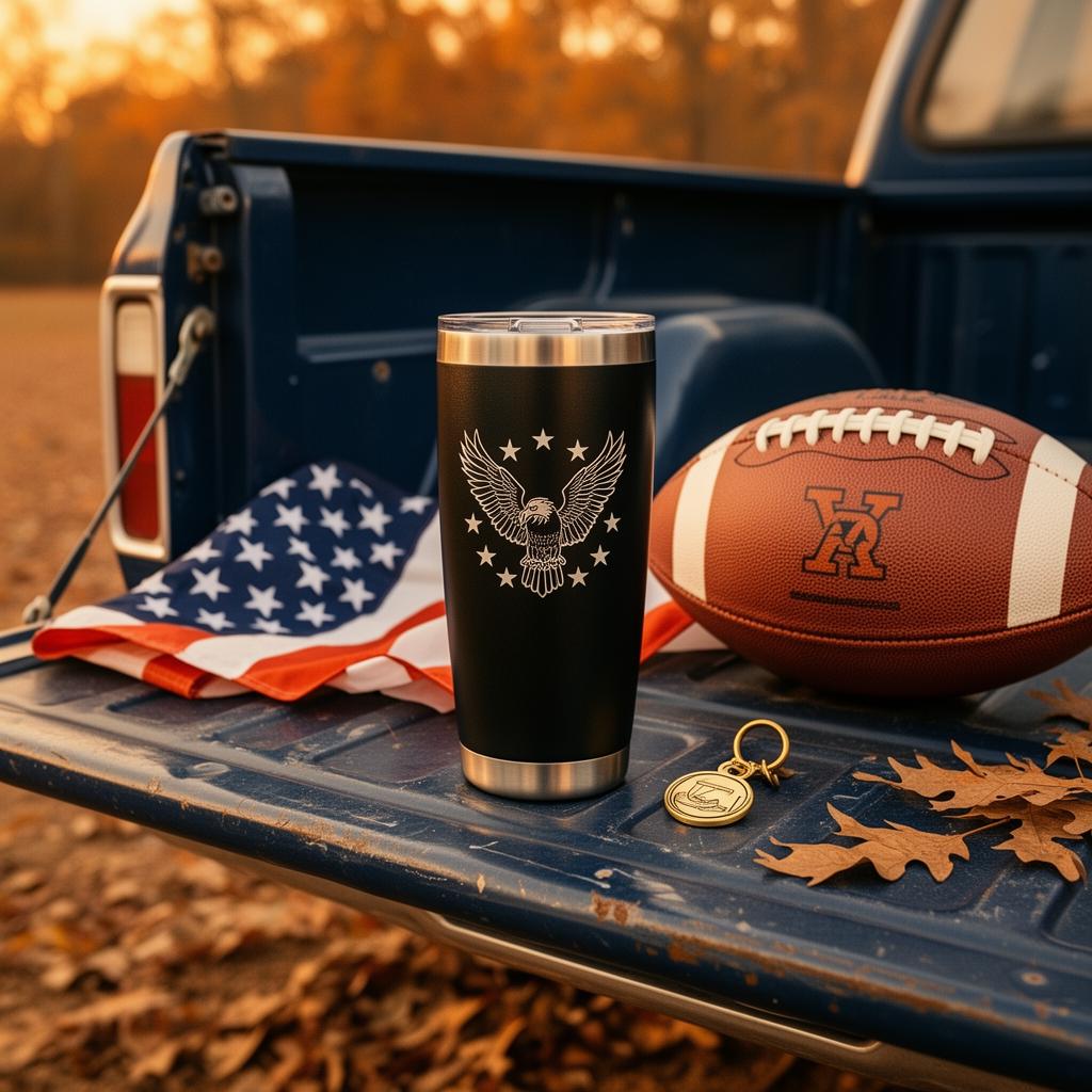 Laser engraved black stainless steel tumbler with bald eagle on the tailgate of a navy pickup truck with American flag, football, and brass team-spirit keychain — autumn golden hour tailgate scene