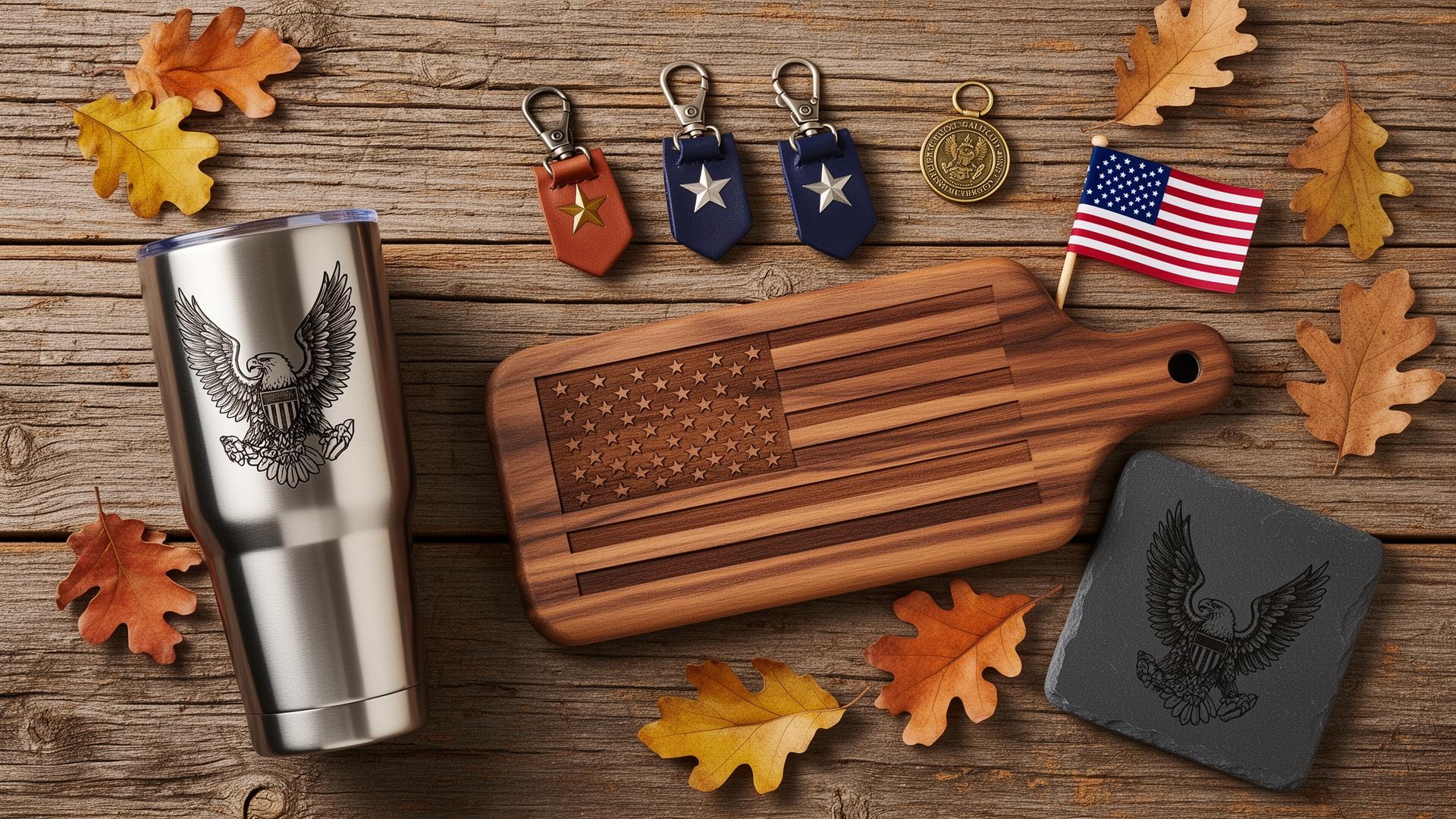 Overhead flat lay of patriotic fall gifts on weathered barn wood — laser engraved stainless tumbler with eagle, leather backpack clips with brass stars, walnut American flag cutting board, brass challenge coin, slate eagle coaster, dry oak and maple leaves