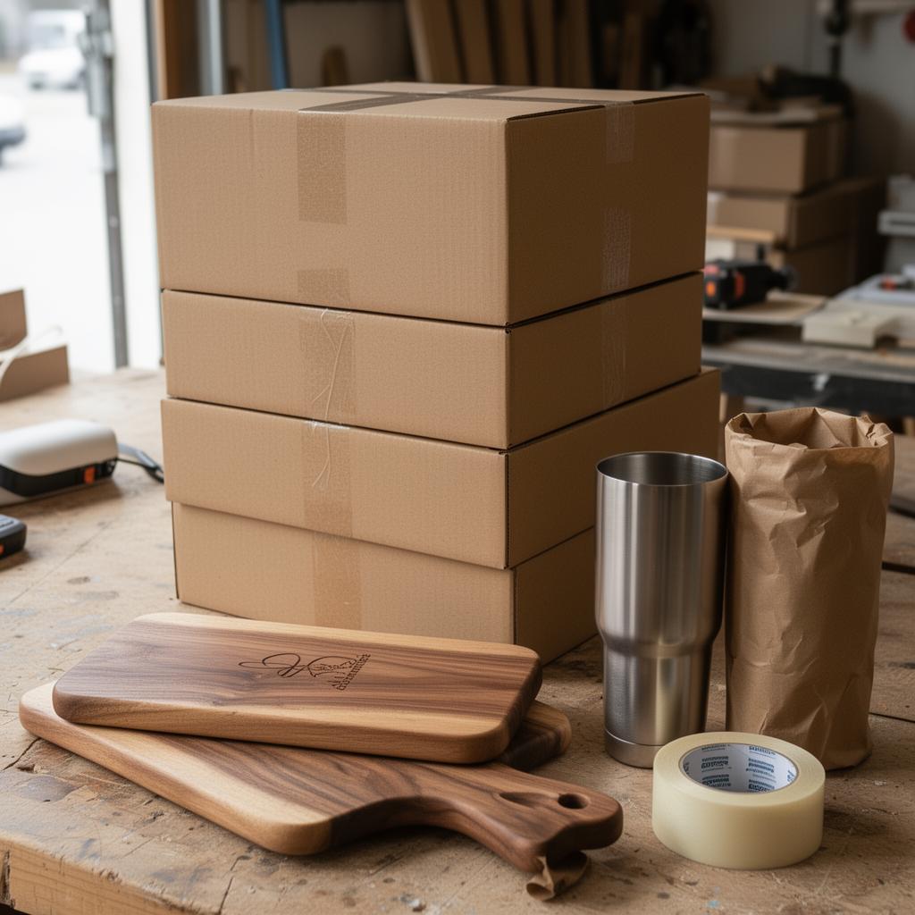 Stack of kraft shipping boxes with finished engraved walnut cutting boards and a bare stainless tumbler ready to be packed